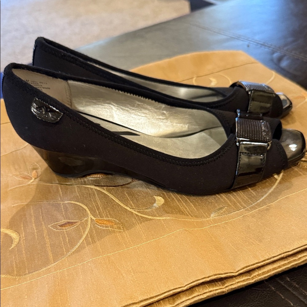 Anne Klein Black Low Heel Peep-Toe Pumps with Patent Accent